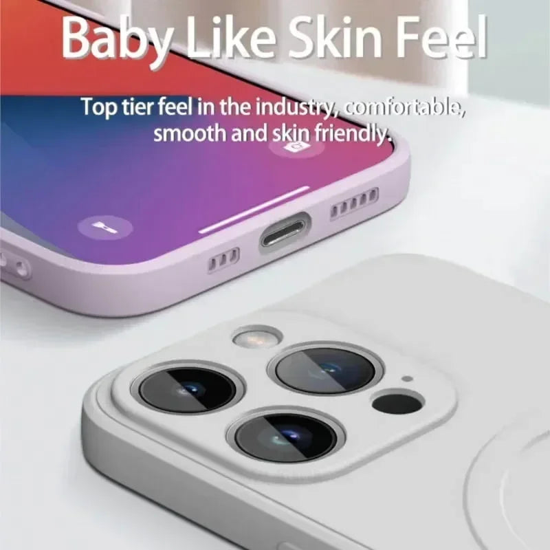 Smartphone with a focus on camera design and text about 'Baby Like Skin Feel'.