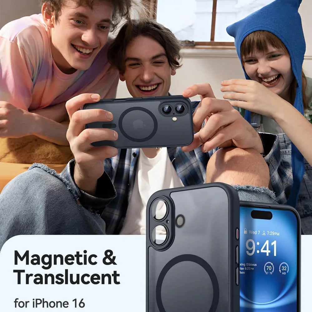 Three people holding a phone with a magnetic and translucent phone case, with close-up details of the case.