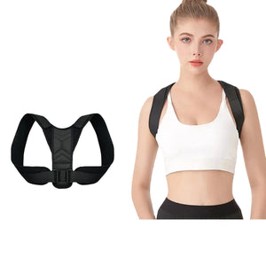 Woman wearing a Adjustable back support strap for shoulder alignment and daily posture comfort with product displayed on gray background