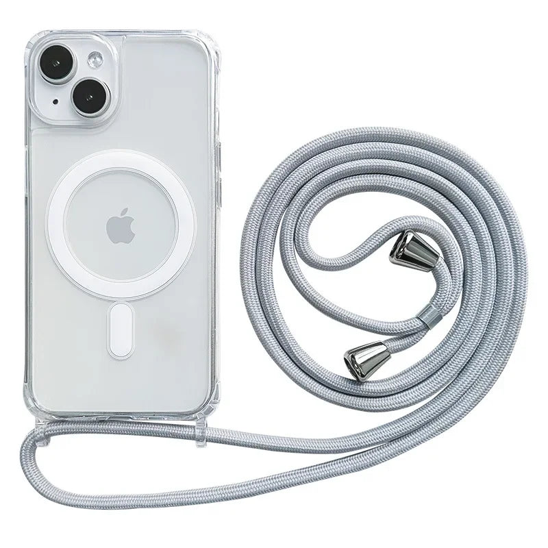 Crossbody Magnetic Clear iPhone Case with Lanyard Hard PC Back Cover and magnetic charging pad, featuring a strap on a white background