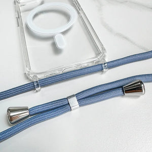 Blue iphone lanyard with silver ends on a white background