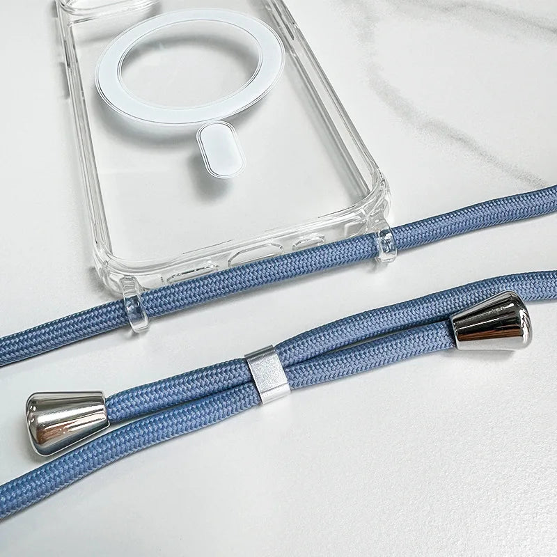 Blue iphone lanyard with silver ends on a white background