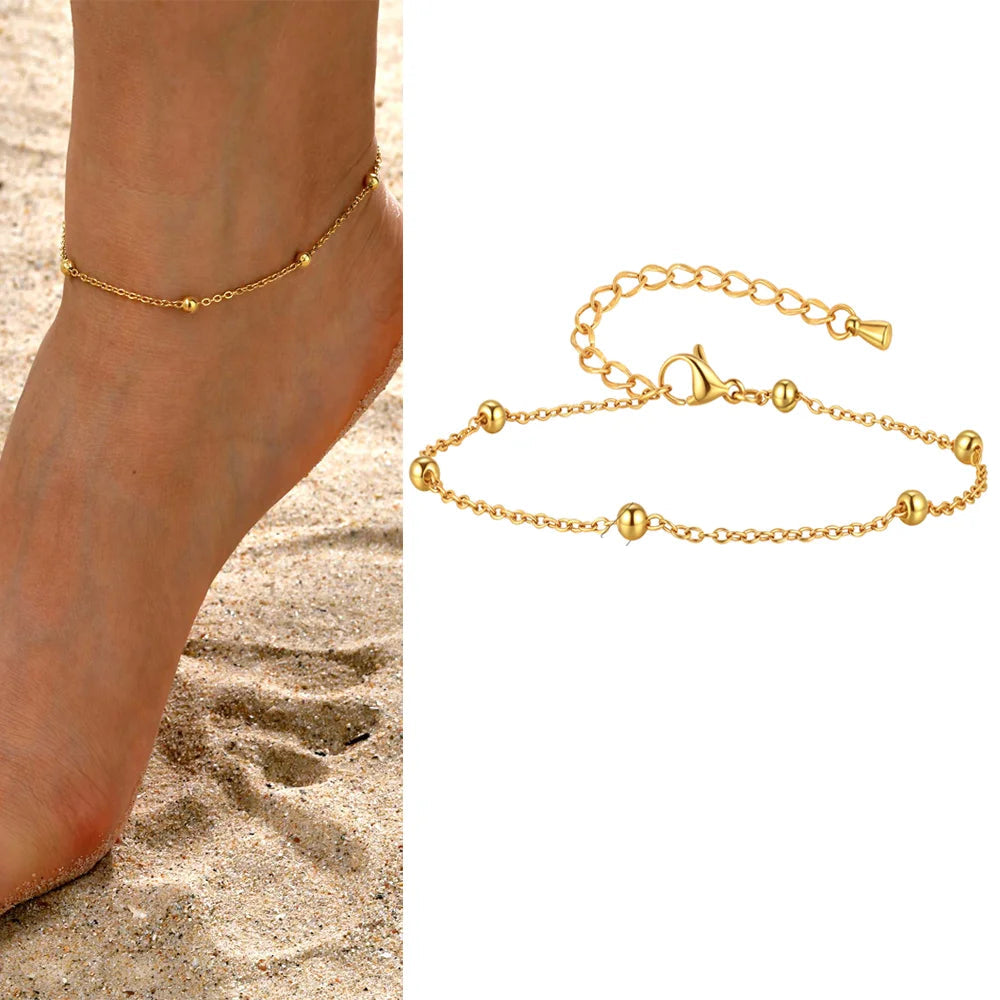 Gold plated stainless steel heart anklet bracelet for women delicate adjustable foot jewelry
