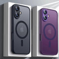 Two Magnetic armor shockproof MagSafe case with matte translucent back for iPhone, one black and one purple, displayed in their packaging with 'Phone' branding.