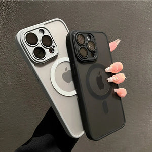 Two Matte magnetic iPhone case compatible with Magsafe wireless charging on a dark background.