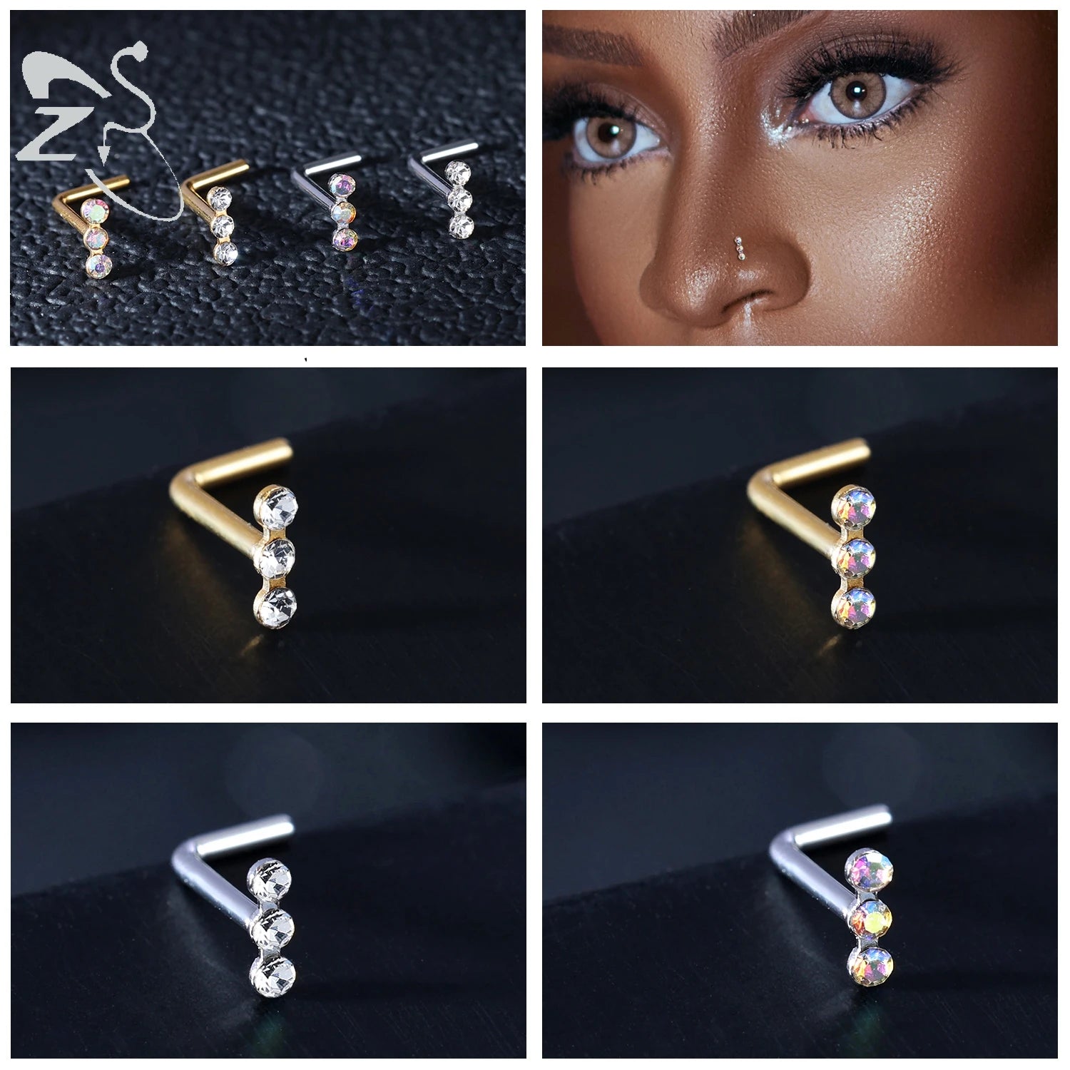 Gold & Silver Nose Stud Set – Heart Star Round L Shape Nostril Piercing 0.8x7mm