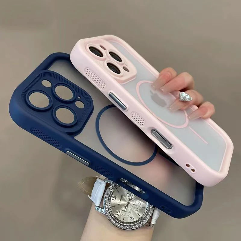 Two phone cases, one blue and one pink, Luxury Matte Transparent MagSafe iPhone Case Magnetic Bumper Cover