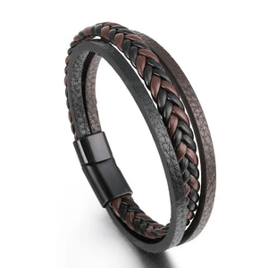 Mens braided leather bracelet with stainless steel clasp multilayer rope wristband