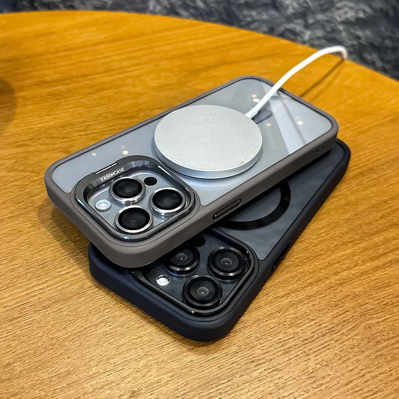 Two Luxury Magnetic Shockproof Phone Case For iPhone 15 14 13 12 11 16 17 Pro Max Plus 16E Stand Glass Lens Protection Cover with a charging cable.