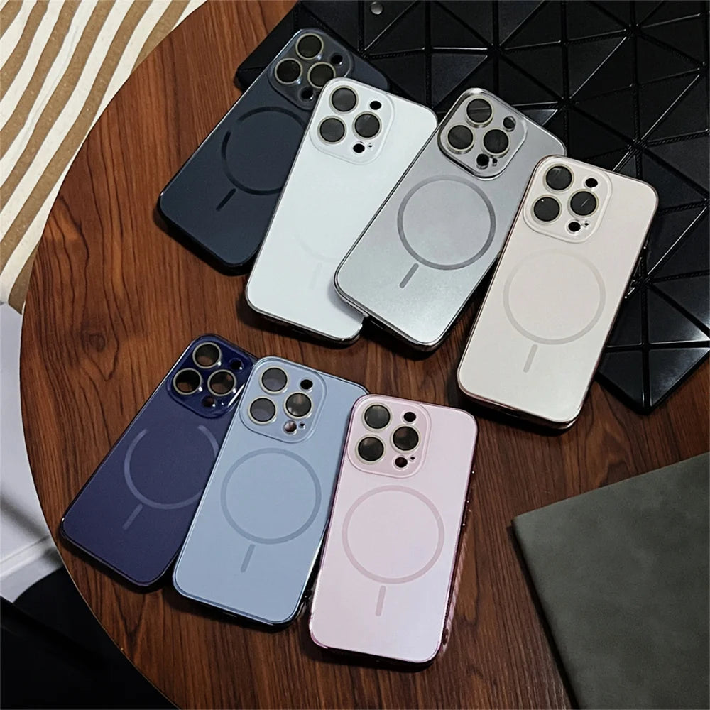 Luxury Nano Frosted Magsafe Cases with Lens Glass Protect for iPhone 12-17 Pro Max Magnetic Wireless Charge Cover