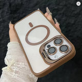 brown and white Luxury Magnetic Shockproof Phone Case For iPhone 15 14 13 12 11 16 17 Pro Max Plus 16E Stand Glass Lens Protection