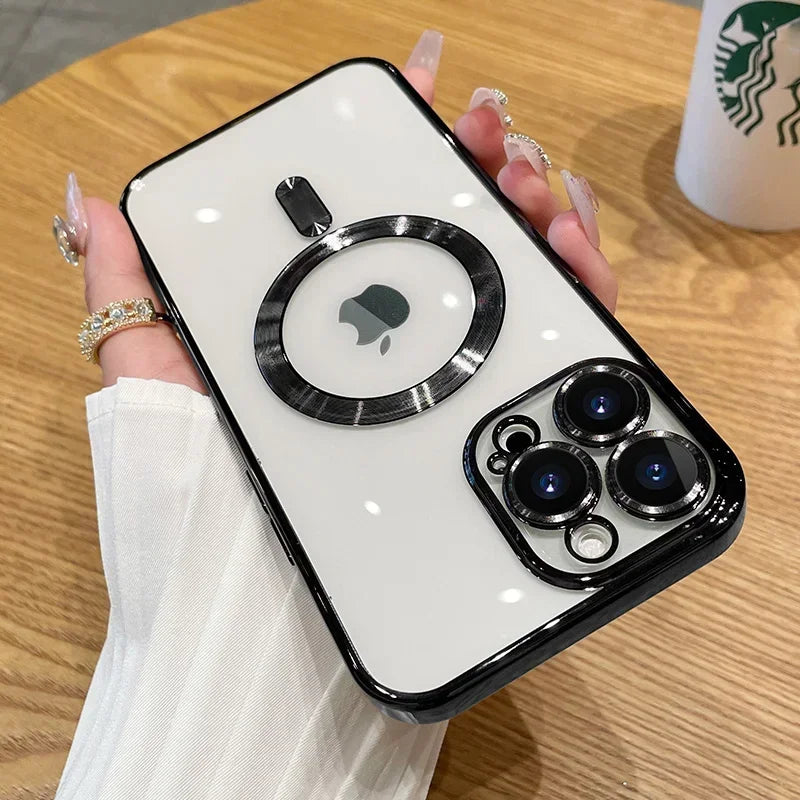 Luxury Plating Magnetic MagSafe Transparent iPhone Case with Lens Protector