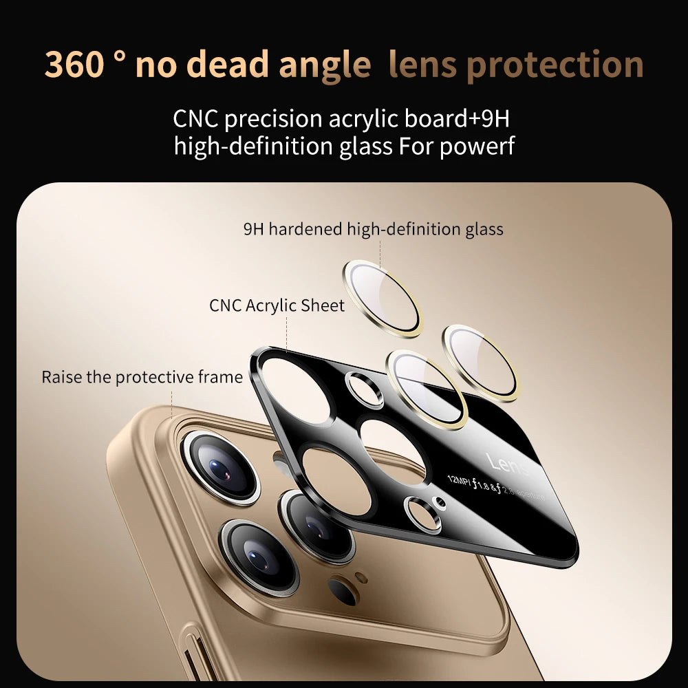 Phone screen protector with 360-degree protection and text on a beige background