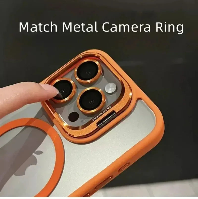 Orange Luxury Magnetic Shockproof Phone Case For iPhone 15 14 13 12 11 16 17 Pro Max Plus 16E Stand Glass Lens Protection Cover