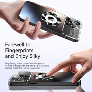 Phone case with oleophobic coating being held and touched, emphasizing anti-fingerprint properties.