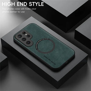 Green phone case on a dark surface with text about high-end style.
