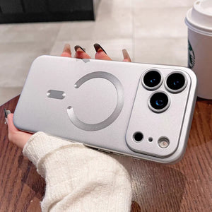 Person holding a silver Metallic Paint Magnetic MagSafe Case for iPhone 17 16 15 14 13 12 11 Pro Max Plus