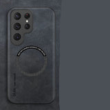 Black leather phone case with 'Luxury Leather' text on a dark background