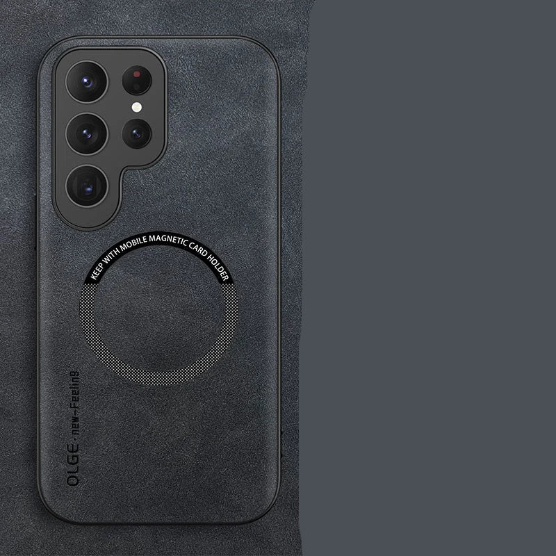 Black leather phone case with 'Luxury Leather' text on a dark background