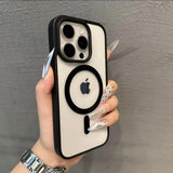 Hand holding a Clear magnetic iPhone case compatible with MagSafe wireless charging against a gray background