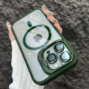 Green Luxury Magnetic Shockproof Phone Case For iPhone 15 14 13 12 11 16 17 Pro Max Plus 16E Stand Glass Lens Protection