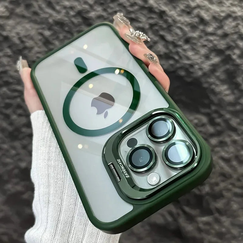 Green Luxury Magnetic Shockproof Phone Case For iPhone 15 14 13 12 11 16 17 Pro Max Plus 16E Stand Glass Lens Protection