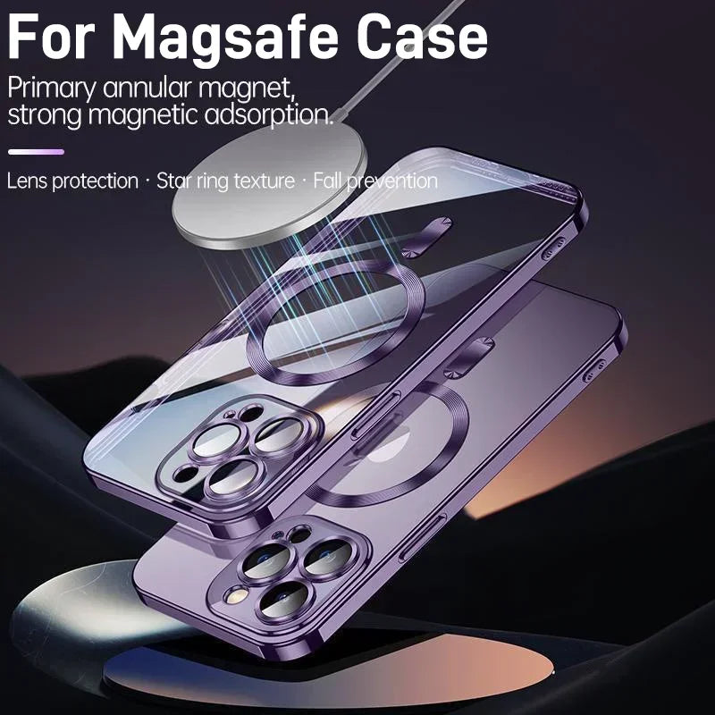 Luxury Plating Magnetic MagSafe Transparent iPhone Case with Lens Protector
