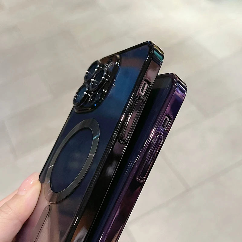 Luxury magnetic plating clear MagSafe case for iPhone 11–17 Pro Max Shockproof, lightweight, wireless charging ready.