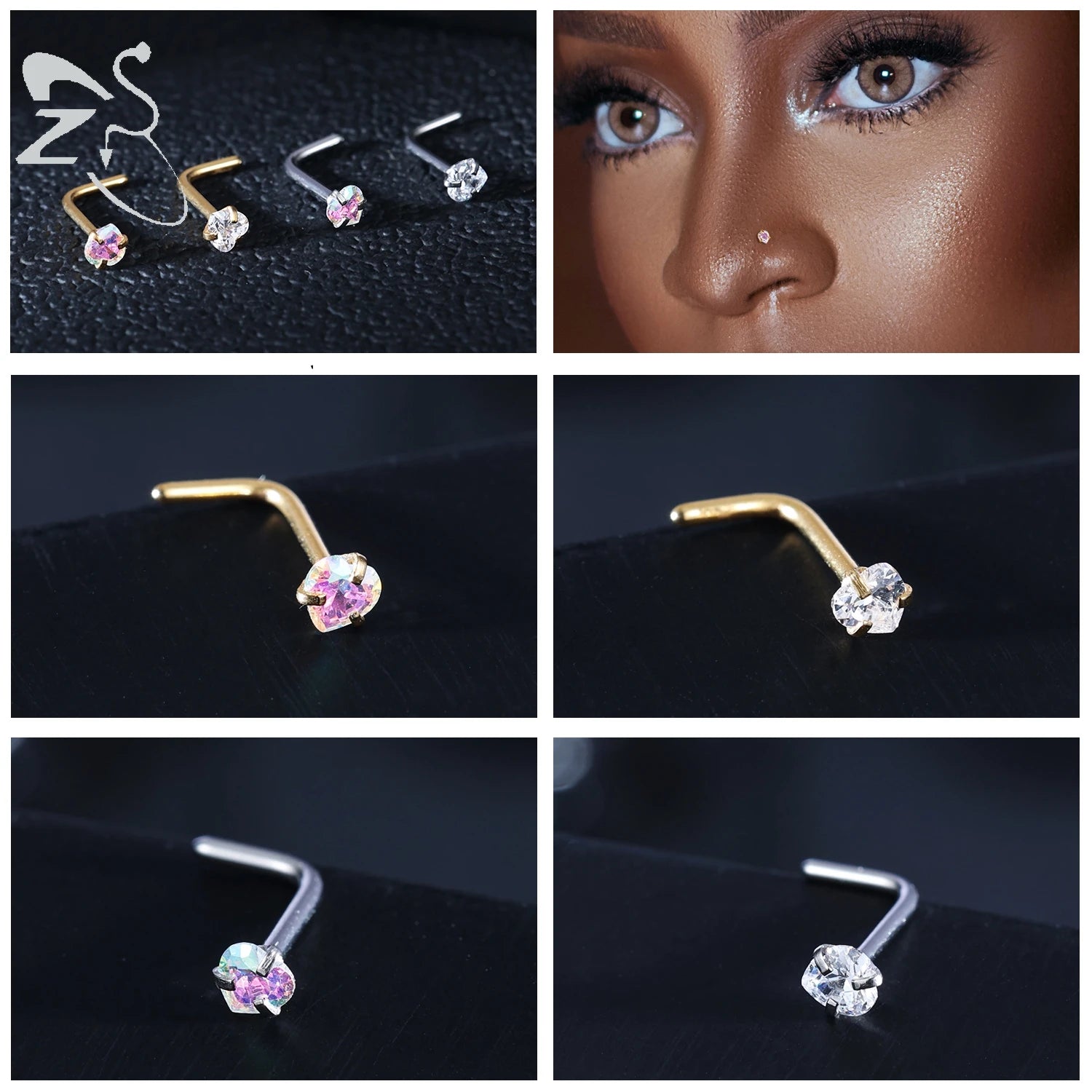 Gold & Silver Nose Stud Set – Heart Star Round L Shape Nostril Piercing 0.8x7mm