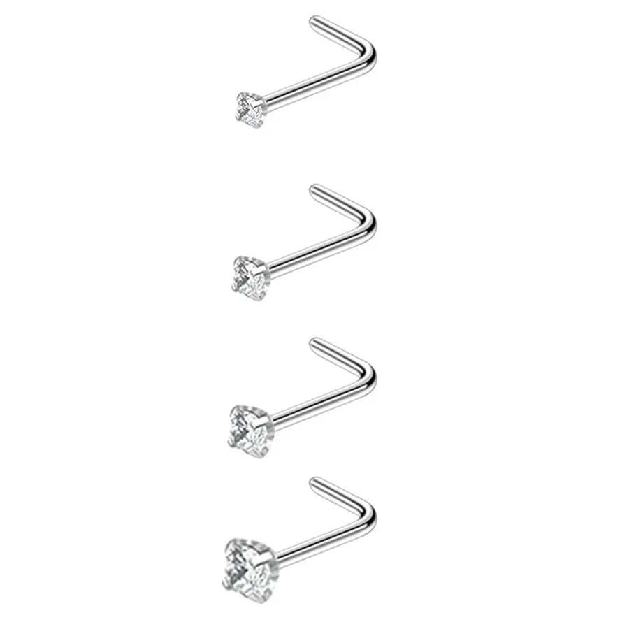 4pcs Cubic Zirconia Nose Studs 20G L-Shaped Shiny Nostril Jewelry