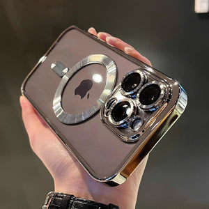 Luxury magnetic plating clear MagSafe case for iPhone 11–17 Pro Max Shockproof, lightweight, wireless charging ready.