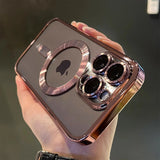 Luxury magnetic plating clear MagSafe case for iPhone 11–17 Pro Max Shockproof, lightweight, wireless charging ready.
