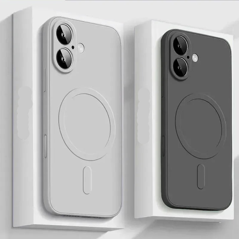 Two MagSafe liquid silicone iPhone case with shockproof protection for iPhone 12–17 Pro Max, one white and one gray on a white background.