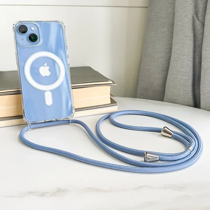 Crossbody Magnetic Clear iPhone Case with Lanyard Hard PC Back Cover blue lanyard on a white surface
