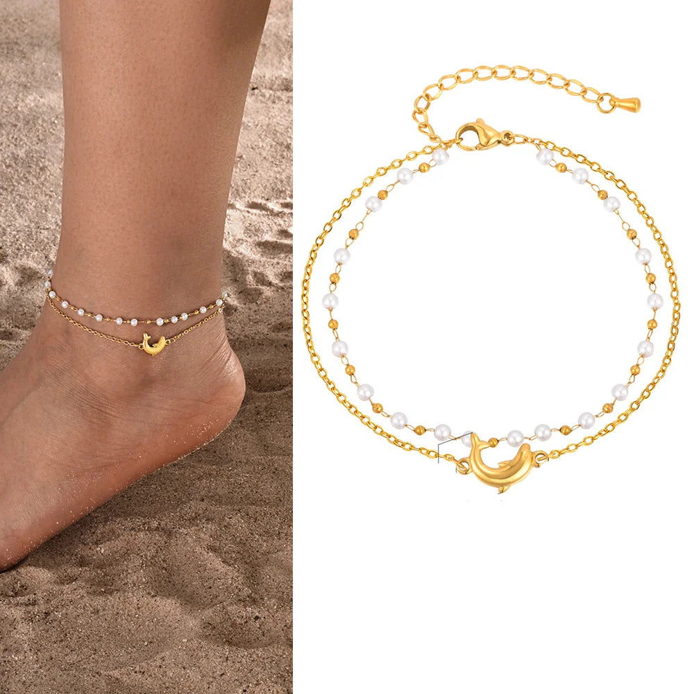 Gold plated stainless steel heart anklet bracelet for women delicate adjustable foot jewelry