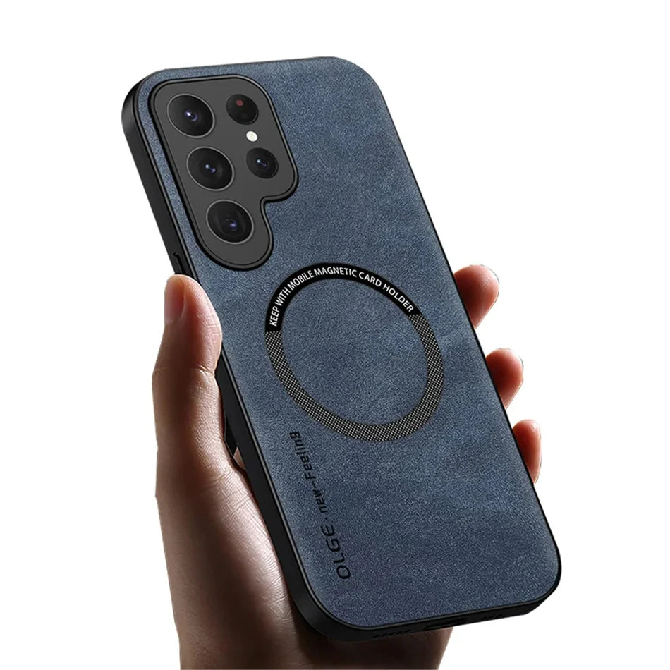 Blue phone case with magnetic card holder held by a hand on a white background