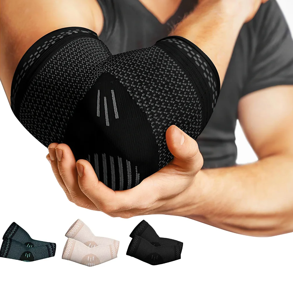 Person holding a black elbow support with additional supports displayed below on a white background