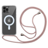 Crossbody Magnetic Clear iPhone Case with Lanyard Hard PC Back Cover and clear design, featuring a pink necklace strap.