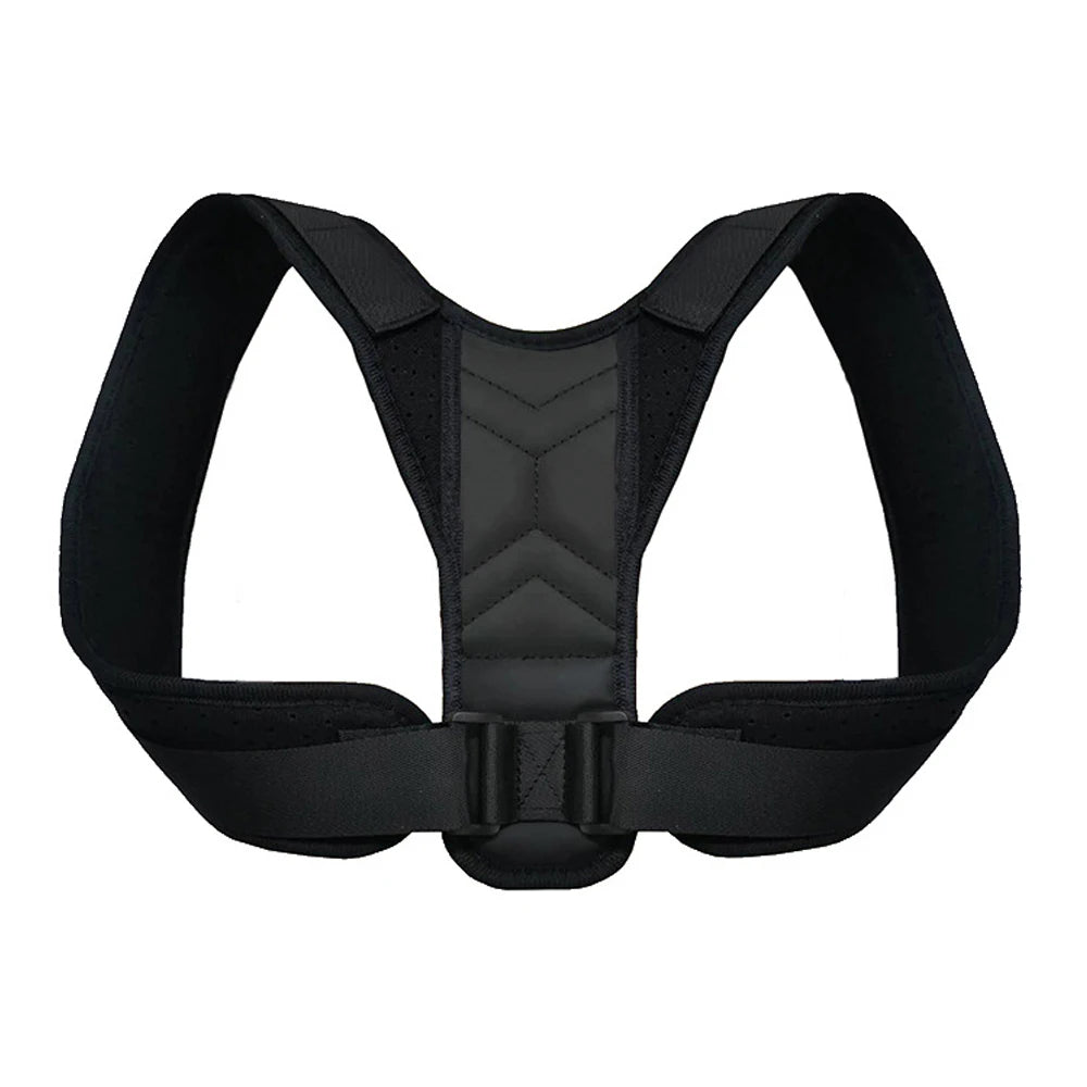 Black Adjustable back support strap for shoulder alignment and daily posture comfort on a white background