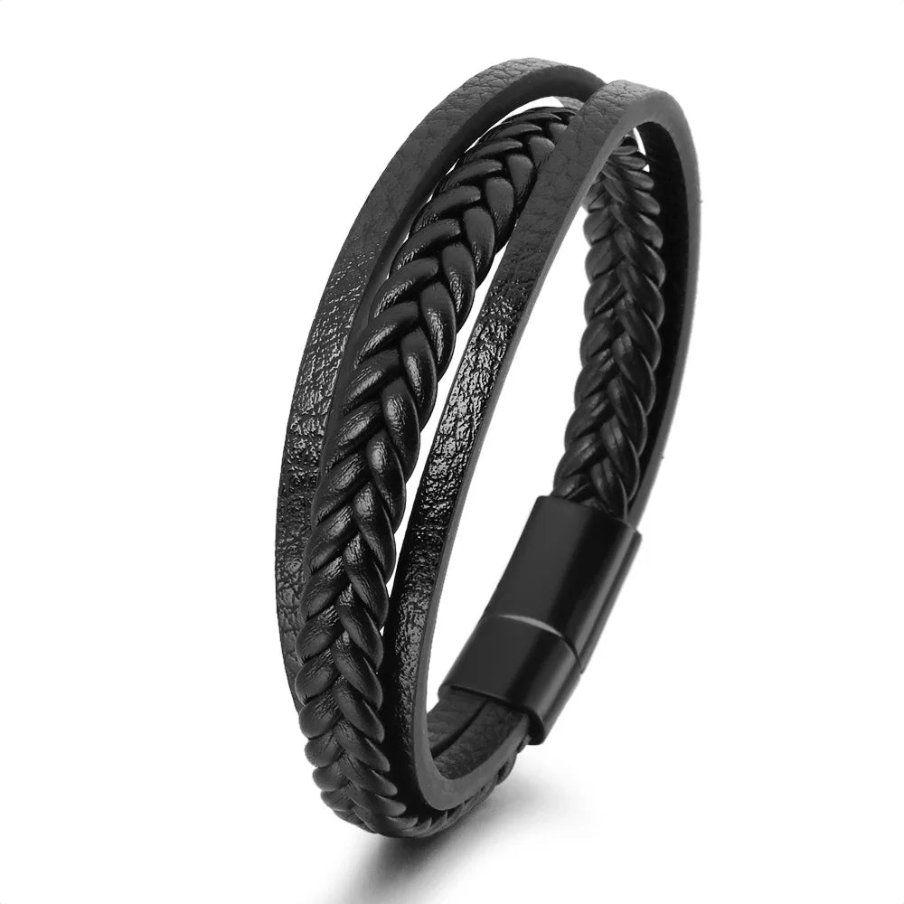Mens braided leather bracelet with stainless steel clasp multilayer rope wristband