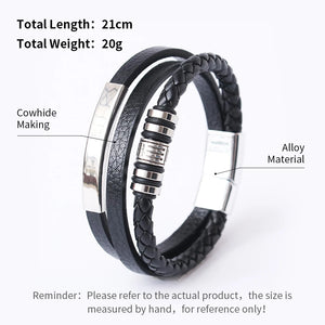 Mens braided leather bracelet with stainless steel clasp multilayer rope wristband