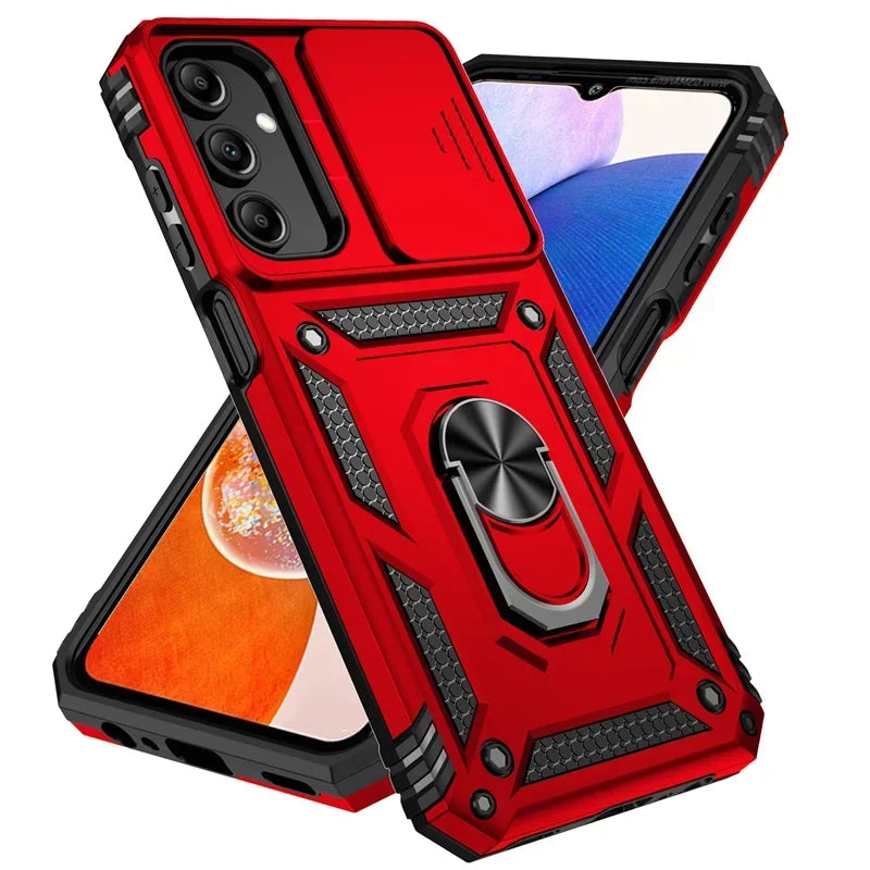Red and black Military Armor Samsung Galaxy Case with Slide Camera Lens and Holder Ring