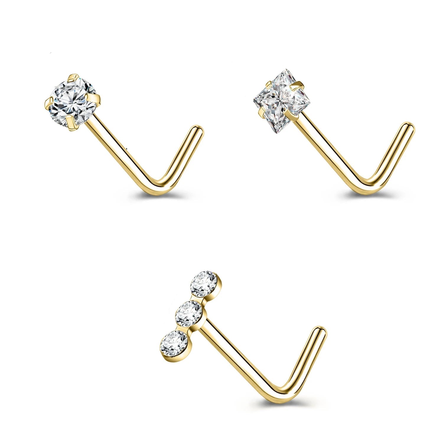Gold & Silver Nose Stud Set – Heart Star Round L Shape Nostril Piercing 0.8x7mm