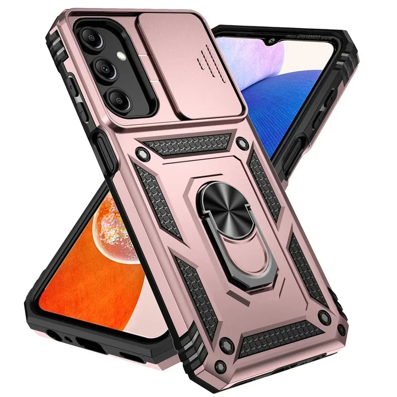 Rose gold Military Armor Samsung Galaxy Case with Slide Camera Lens and Holder Ring
