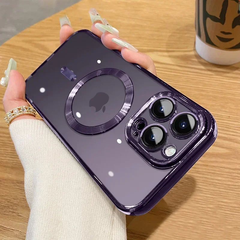 purple Luxury Plating Magnetic MagSafe Transparent iPhone Case with Lens Protector