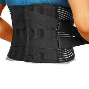 Black waist support belt for lower back worn by a person with anatomical illustrations of the spine.