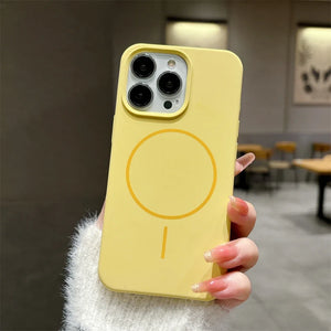 Yellow Luxury Skin Feel Magnetic Magsafe Phone Case for iPhone 12-17 Pro Max Plus Wireless Charger Cover.