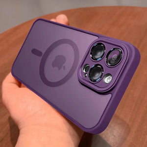 Purple Matte magnetic iPhone case compatible with Magsafe wireless charging held by a hand on a wooden surface