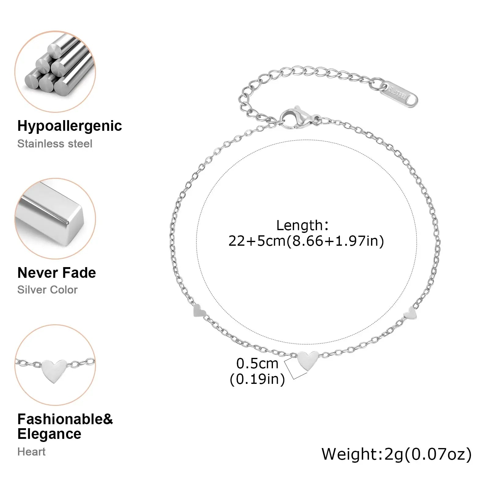 Gold plated stainless steel heart anklet bracelet for women delicate adjustable foot jewelry