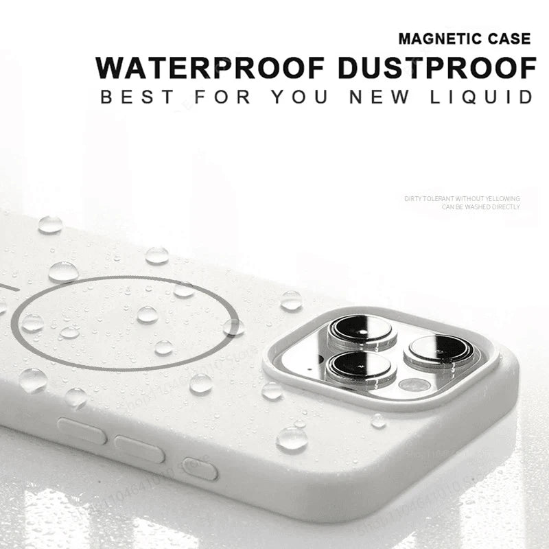 Phone case with magnetic feature and water droplets, labeled as waterproof and dustproof.